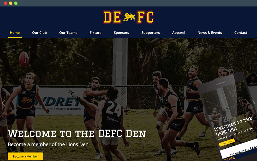 Doncaster East Football Club website on mobile and laptop view