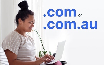 Woman on a computer with text that reads .com or .com.au