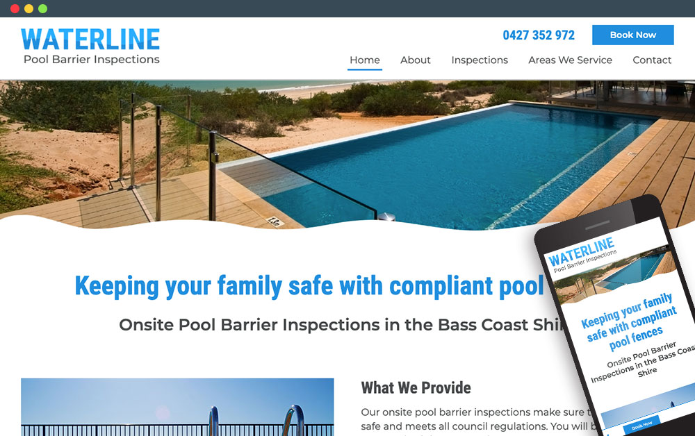 Waterline Pool Barrier Inspections website on mobile and laptop view