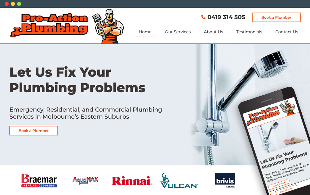 Pro Action Plumbing website on mobile and laptop view