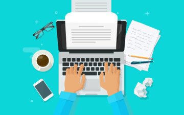 Illustration of hands using a laptop to write website content