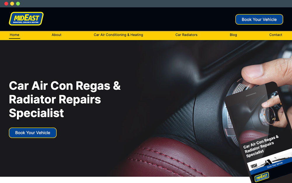 Screenshot of Mideast Radiators website on various screen sizes