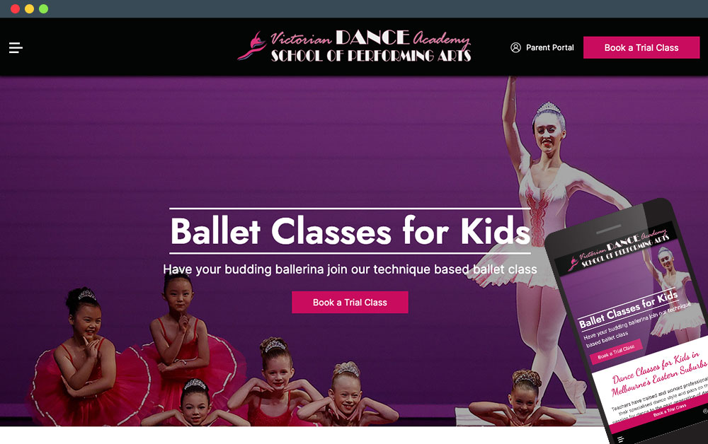 Victorian Dance Academy website on various screen sizes