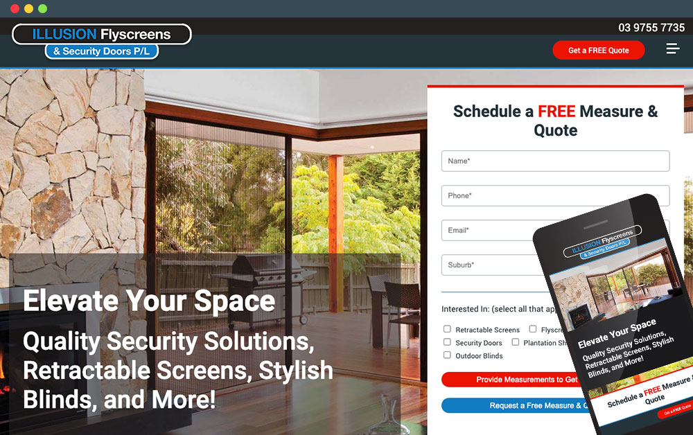 Illusion Flyscreens website on laptop and mobile view