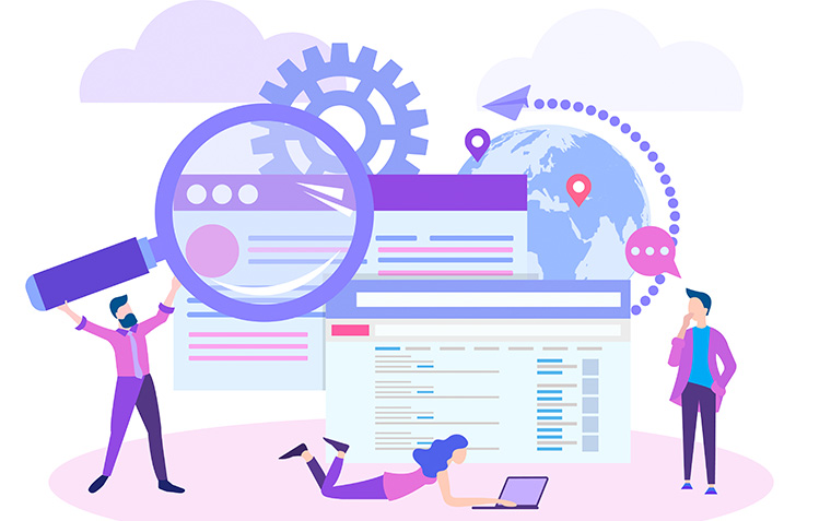 illustration, web site development, teamwork, search engine
