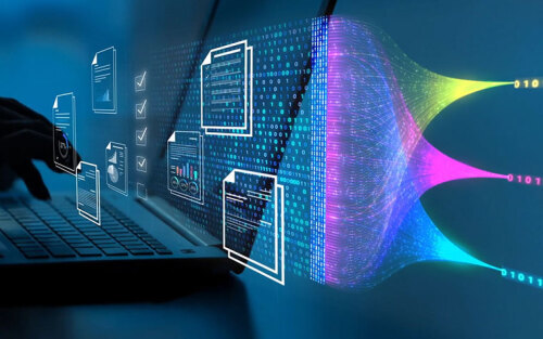Bandwidth concept displayed as data coming into a laptop as coloured lines