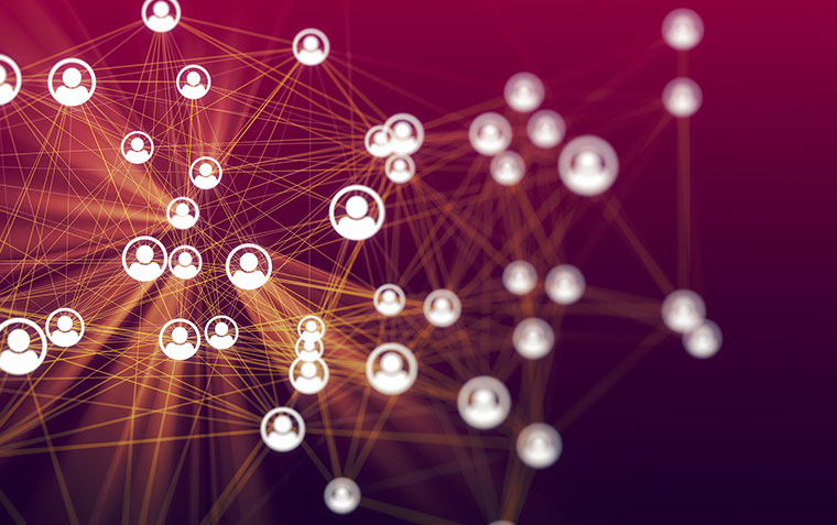 Membership system, social media concept. Floating user icons connected by lines on a dark red background.