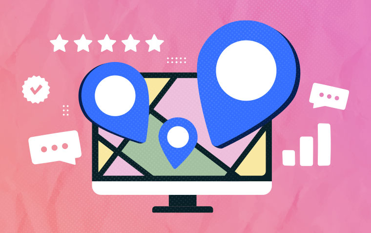 map with location pins displayed on a computer screen with icons for comments and ratings floating around it