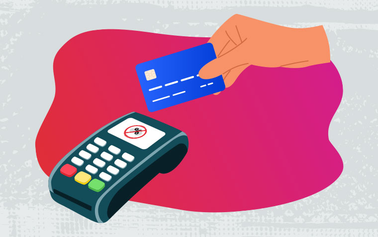 Illustration of a hand tapping a card against an eftpos machine with a crossed out percent marker on its screen