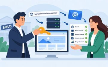 Illustration of a business website, domain and email accounts being transferred to a new owner