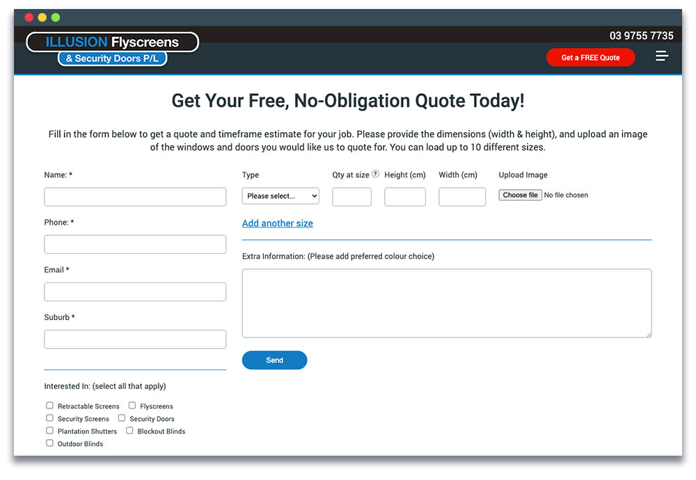 Screenshot of Illusion Flyscreen's Quote form