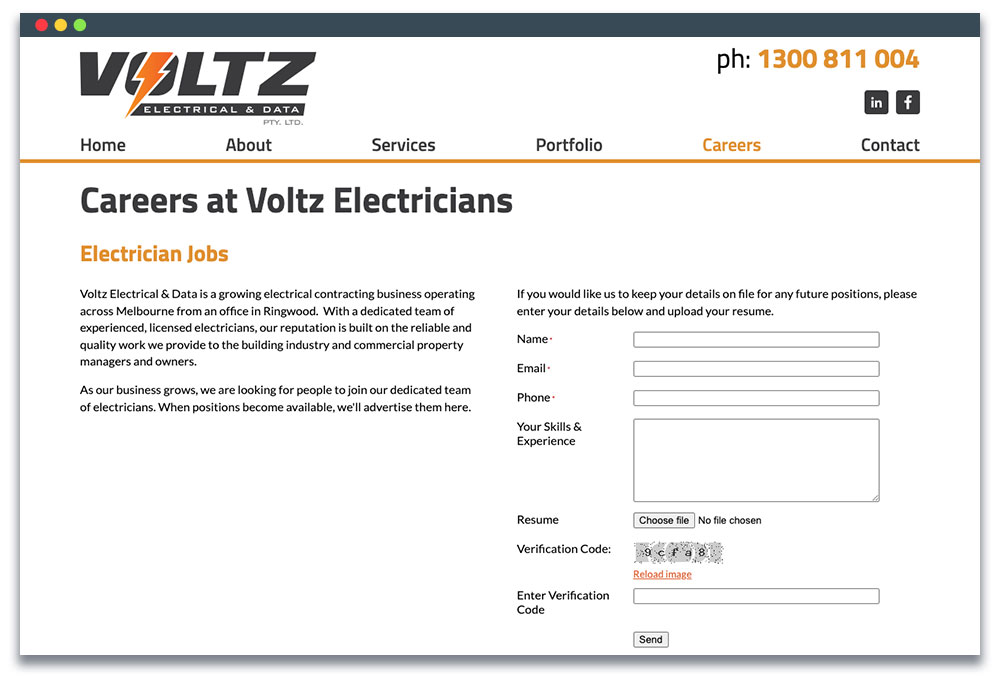 Screenshot of Voltz Electricians' Careers page