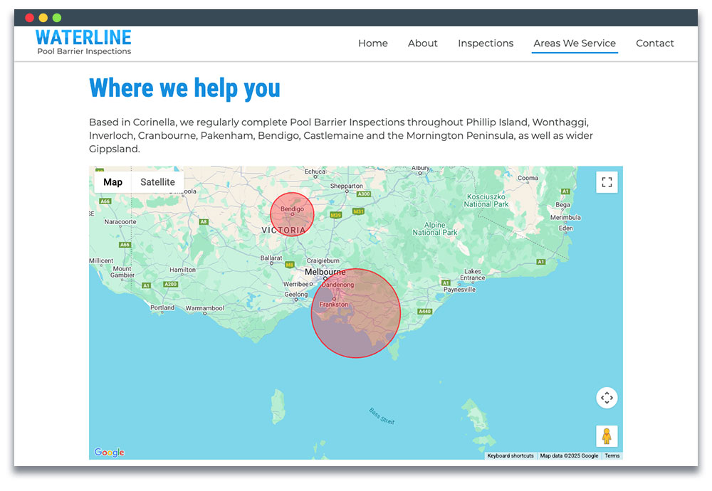 Screenshot of Waterline Pool Barrier Inspections' service area map