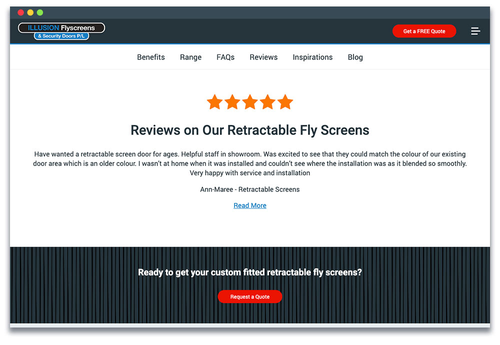 Screenshot of relevant testimonial on a service page on Illusion Flyscreens