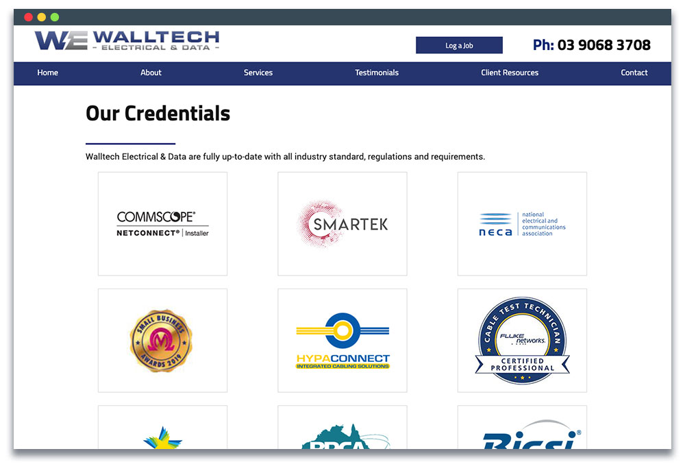 Screenshot of Walltech Electrical and Data's Credentials page