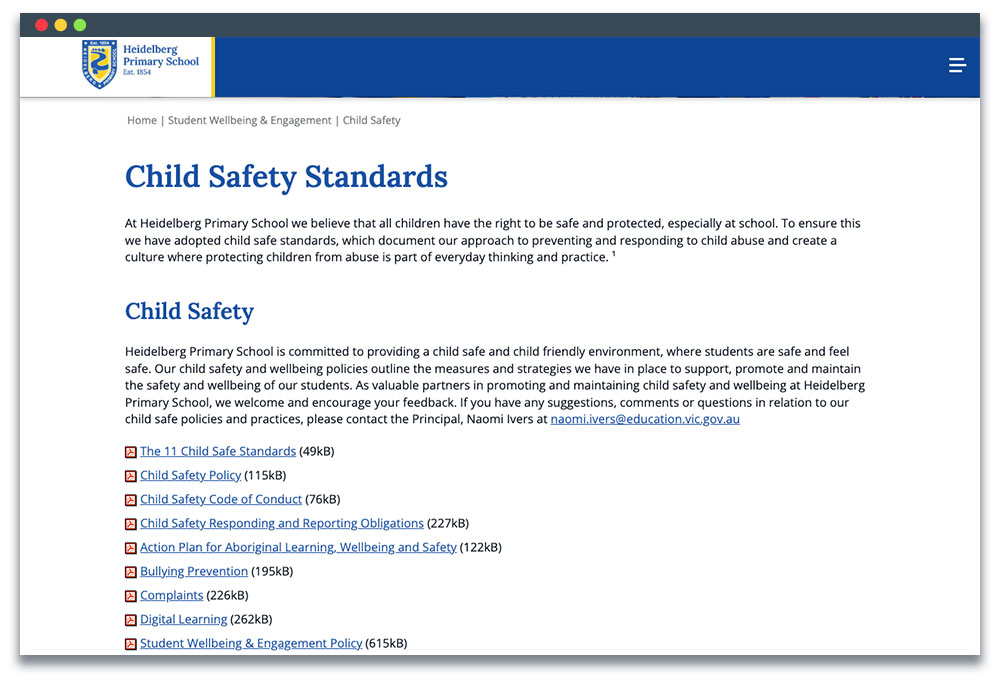 Child Safety page on Heidelberg Primary School with the relevant policies displayed.