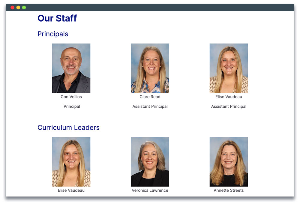 Staff page displaying photos as well as names