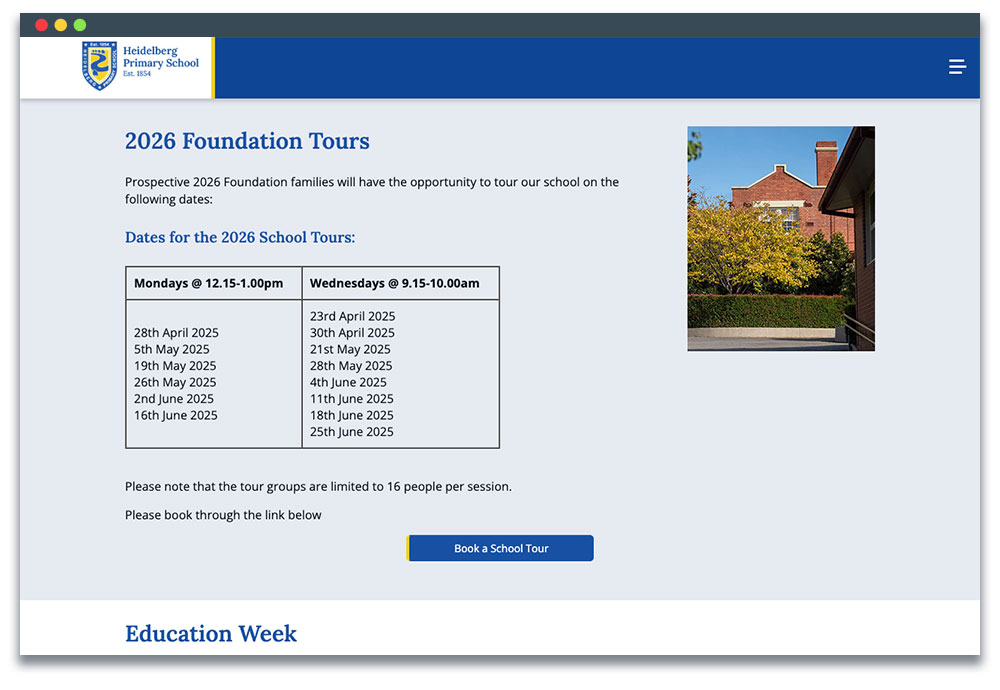 School tour dates displayed on the page with a link to book into them.