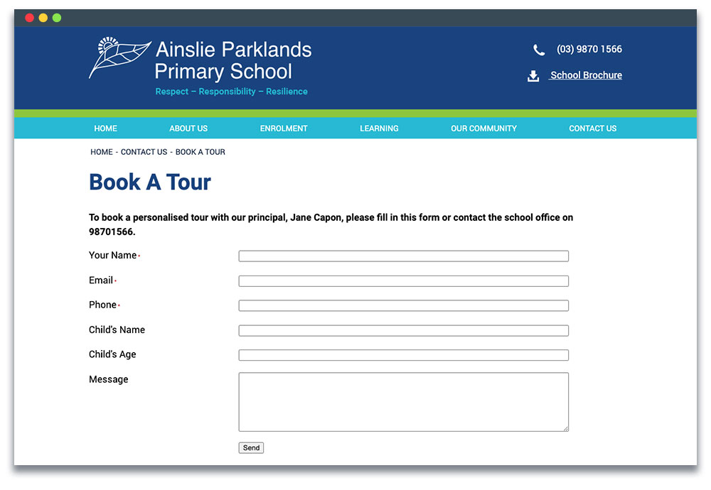 Contact form designed to request an individual school tour.