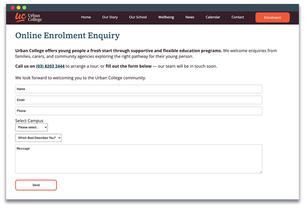 Enquiry form to collect initial information to follow up with about enrolment at the school.