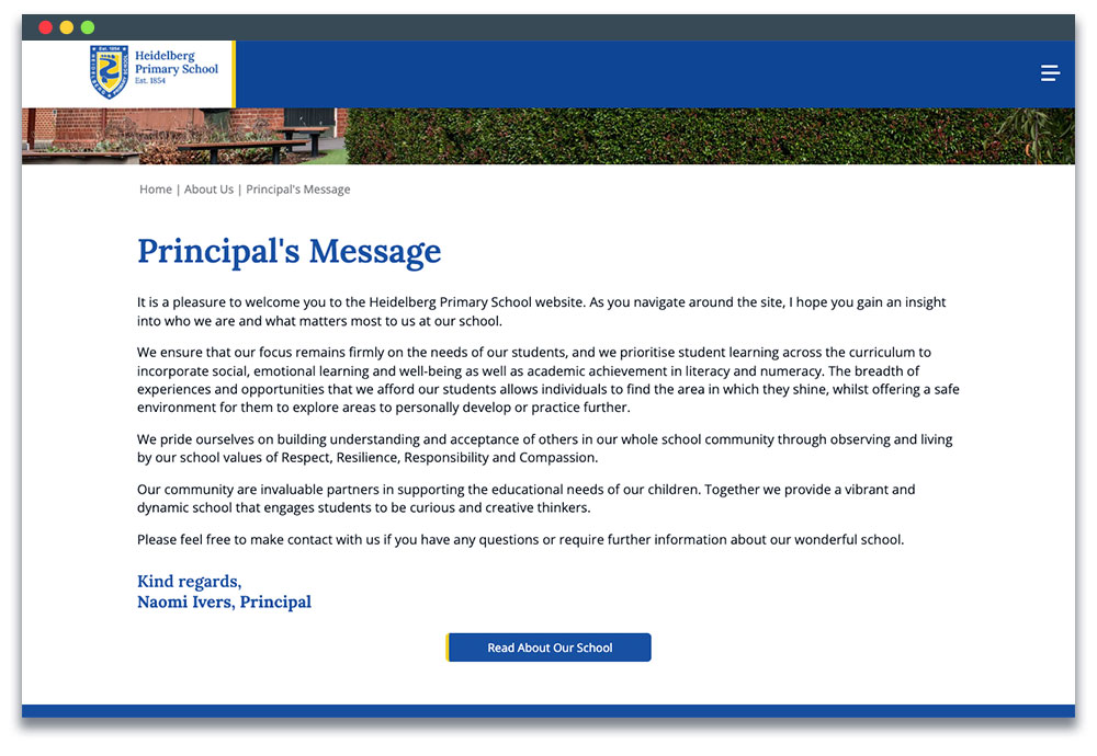 Page with a welcome message from the school principal, signed with their name and title at the bottom.