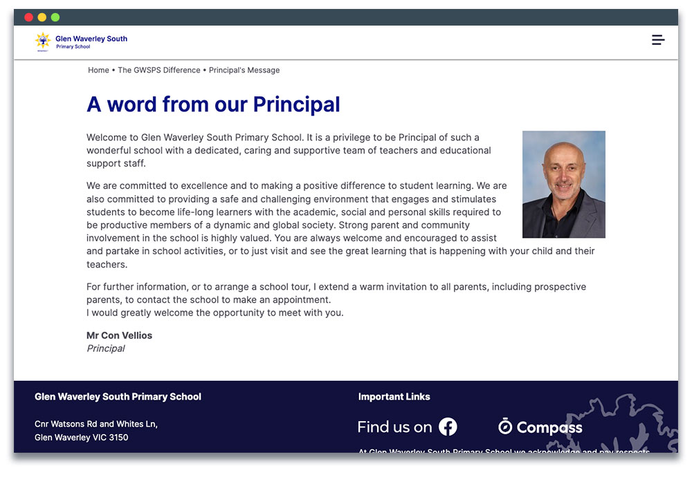 Page with the principal's welcome message and a photo.