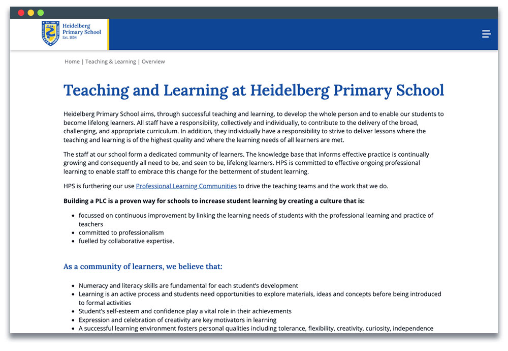 Overview page of the curriculum for Heidelberg Primary School.