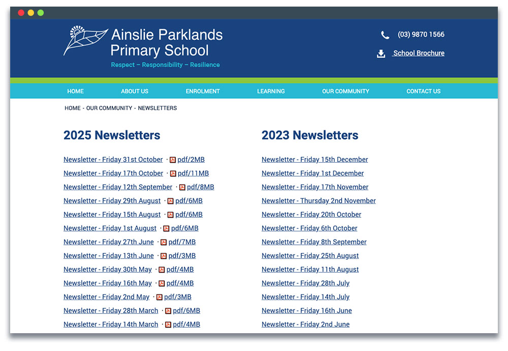 Ainslie Parklands PS Newsletter page