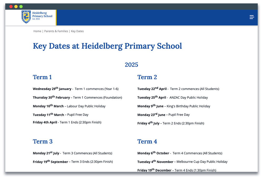 Important dates listed on a page organised by term.