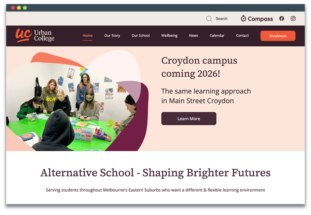 The header of Urban College with links to Compass and Social Media