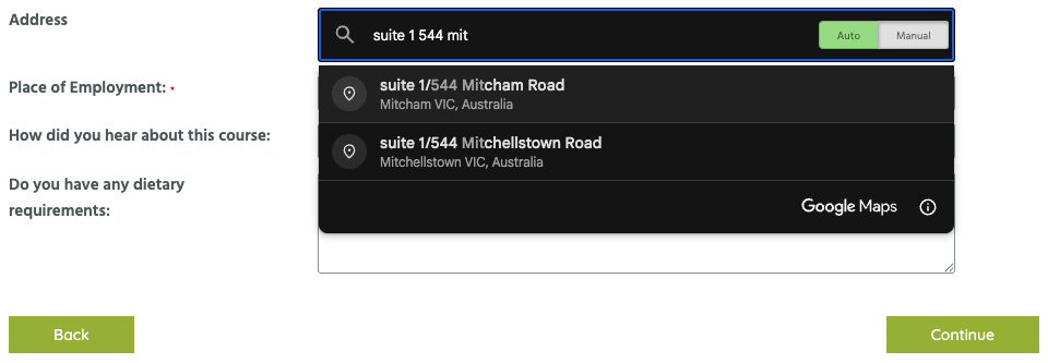 Screenshot of EPC using the Address Autocomplete in a booking form