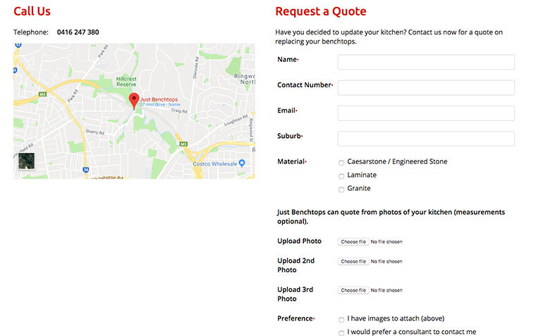 File uploads on a contact form on Just Benchtops website