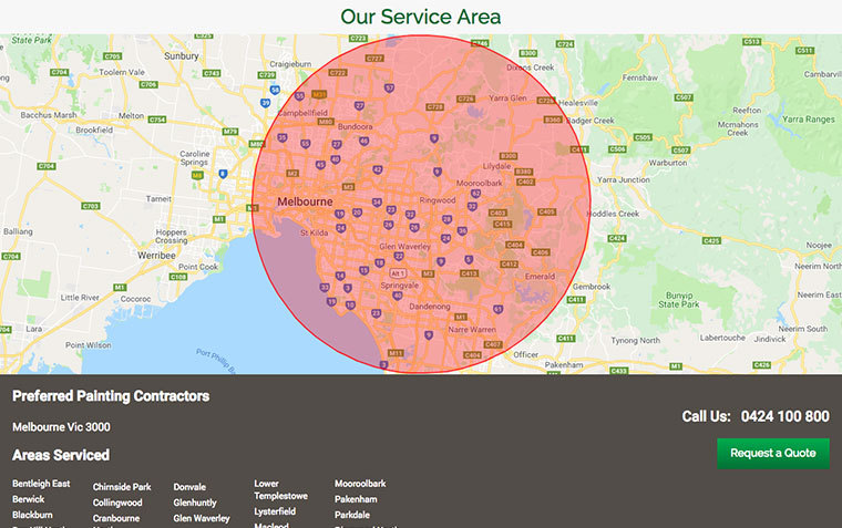 Service Area map on Preferred Painting Contractors website