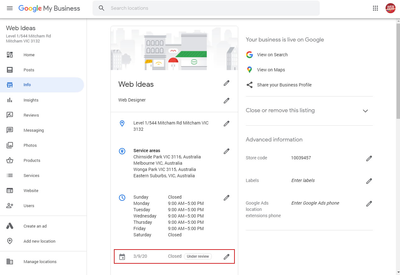 Google My Business Edit Hours highlighted